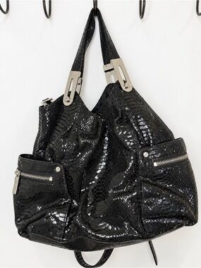 MICHAEL KORS Black Snake Textured Large Hobo Shoulder Bag Silver Hardware